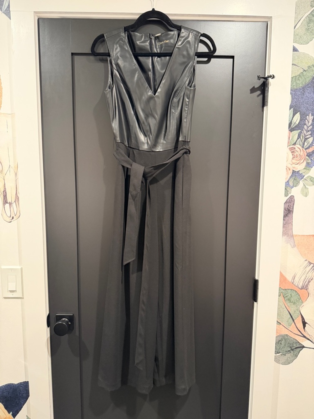 Calvin Klein Black Faux Leather Top & Black Wide-Leg Jumpsuit